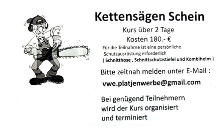 Kettensägen Schein Kurs über 2 Tage Kosten 180.- € Für die Teilnahme ist eine persönliche Schutzausrüstung erforderlich ( Schnitthose, Schnittschutzstiefel und Kombihelm ) Bitte zeitnah melden unter E-Mail : vwe.platjenwerbe@gmail.com Bei genügend Teilnehmern wird der Kurs organisiert und terminiert